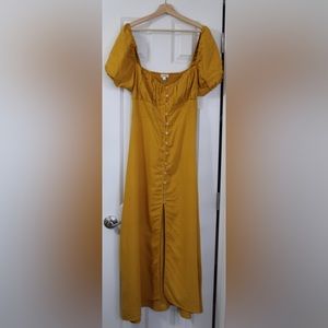 Mustard Yellow Front Slit Linen Maxi Dress